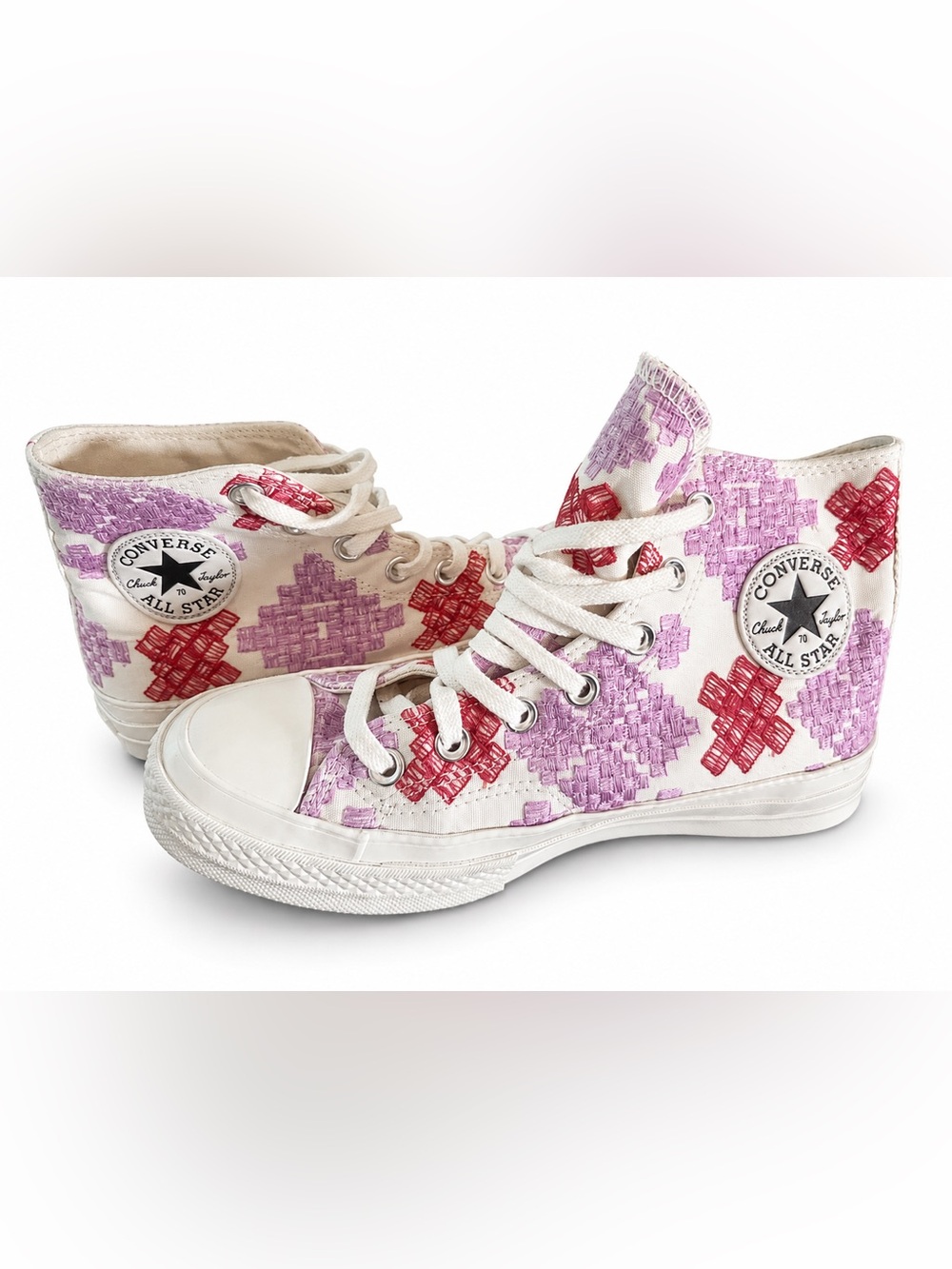 Converse High Top Sneakers in White with Pink & Red Cross-Stitch